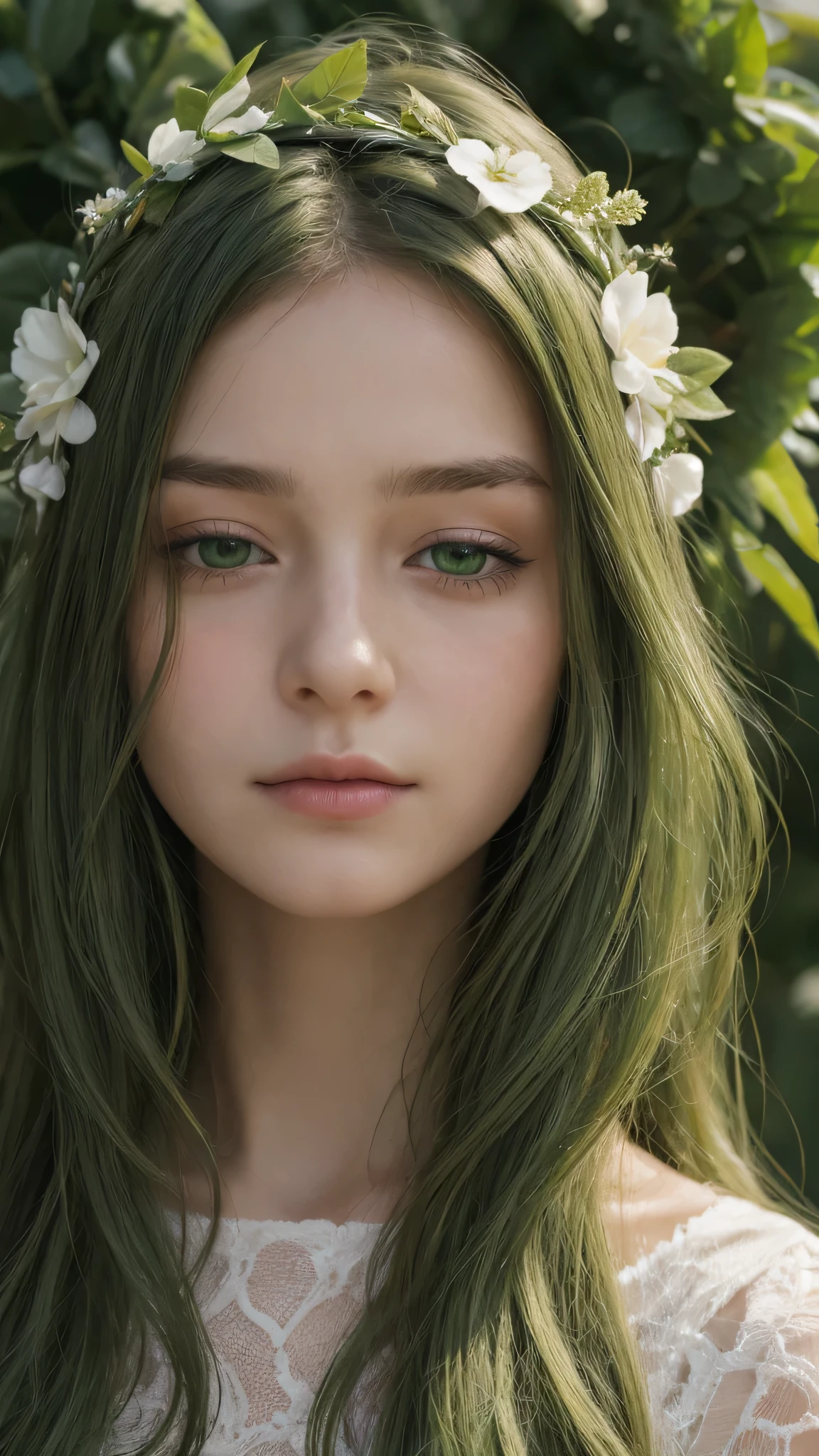 face portrait. a girl. european. extremely detailed face. oval face. delicate features. half-closed eyes. sad expression. green eyes. long messy hairstyle. green hair. wreath on head