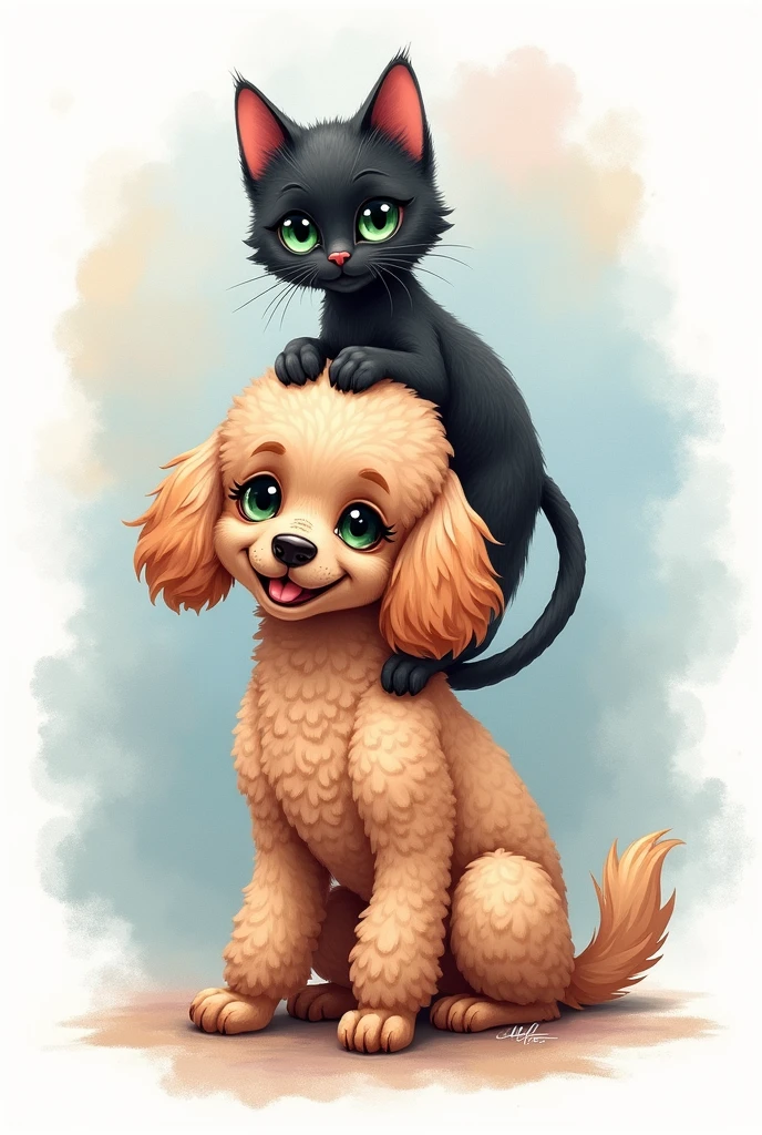 Tattoo design for a small black cat and a medium poodle dog