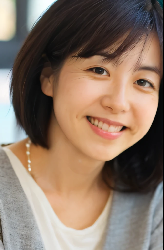 Portrait, 8k, high quality, realistic photo images, 29-year-old, japanese woman, neat wife, housewife, Reproduces natural and realistic eyes, japanese stand, beautiful black hair, short hair, light makeup, octane rendering, beautiful lighting, composition of golden ratio, laughter, everyday wear, casual clothes, natural background, blurred background, High level image quality, Pure Japanese humanity, beautiful wife, Upper body, light makeup, No makeup, pure beauty, plain clothes, grey, beige, green, Plain color, casual clothes, slight smile, small black eyes, background bokeh