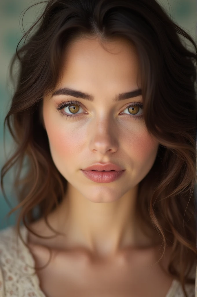 face of a beautiful woman realistic, brune, yeux noisette, fine facial features with long dark brown hair, slightly matte skin