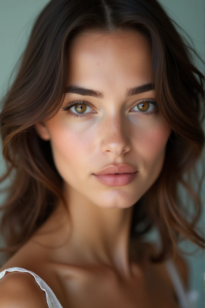 face of a beautiful woman realistic, brune, yeux noisette, fine facial features with long dark brown hair, slightly matte skin