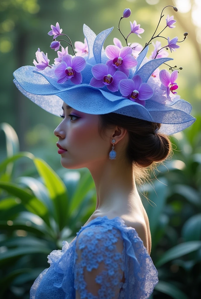 Blue,purple orchid flower inspired weaving hat design. Take a orchid flower shapes to the hat shape orchid flower printed on hat