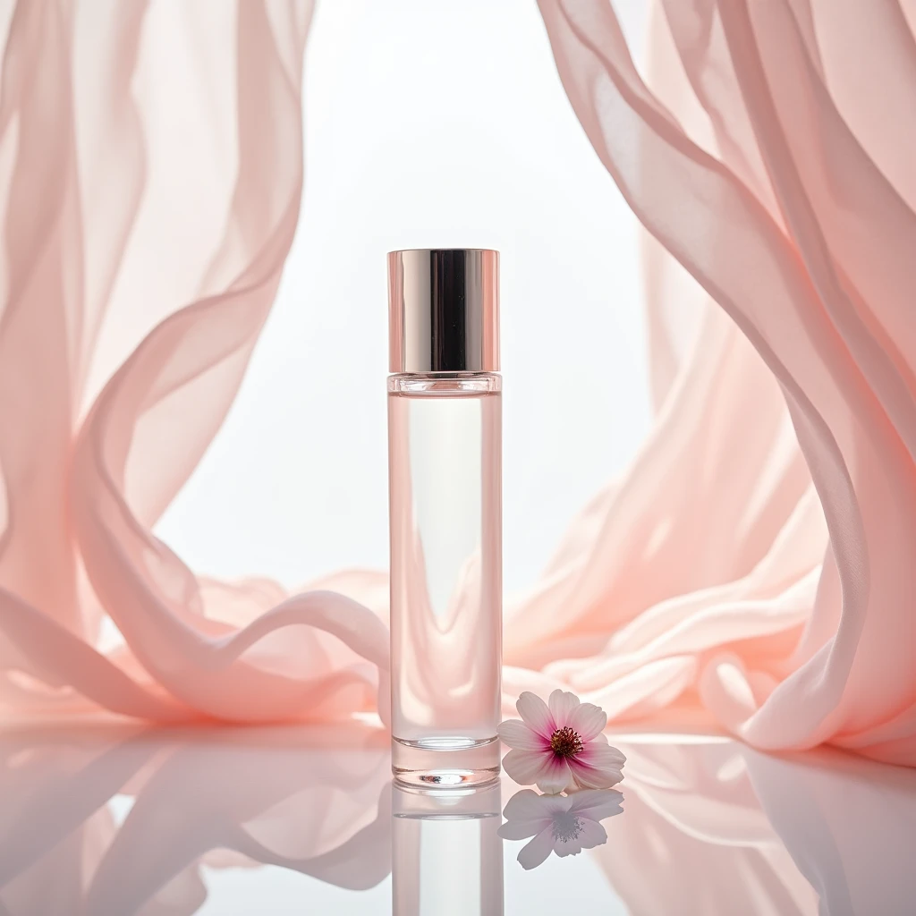 In this bottom view shot , the whitening essence bottle sits on a gleaming white surface , surrounded by wisps of pink chiffon . A flower next to the product. The bottle is slender and sophisticated , with a clear glass body and a gleaming silver cap . The chiffon adds a delicate , feminine touch to the image , while the clean lines and minimalist styling emphasize the elegance of the product . Shot by Ellen von Unwerth , using a Sony Alpha a7R IV and a Sony FE 50mm f /1.8 lens iw 2 --s 50
