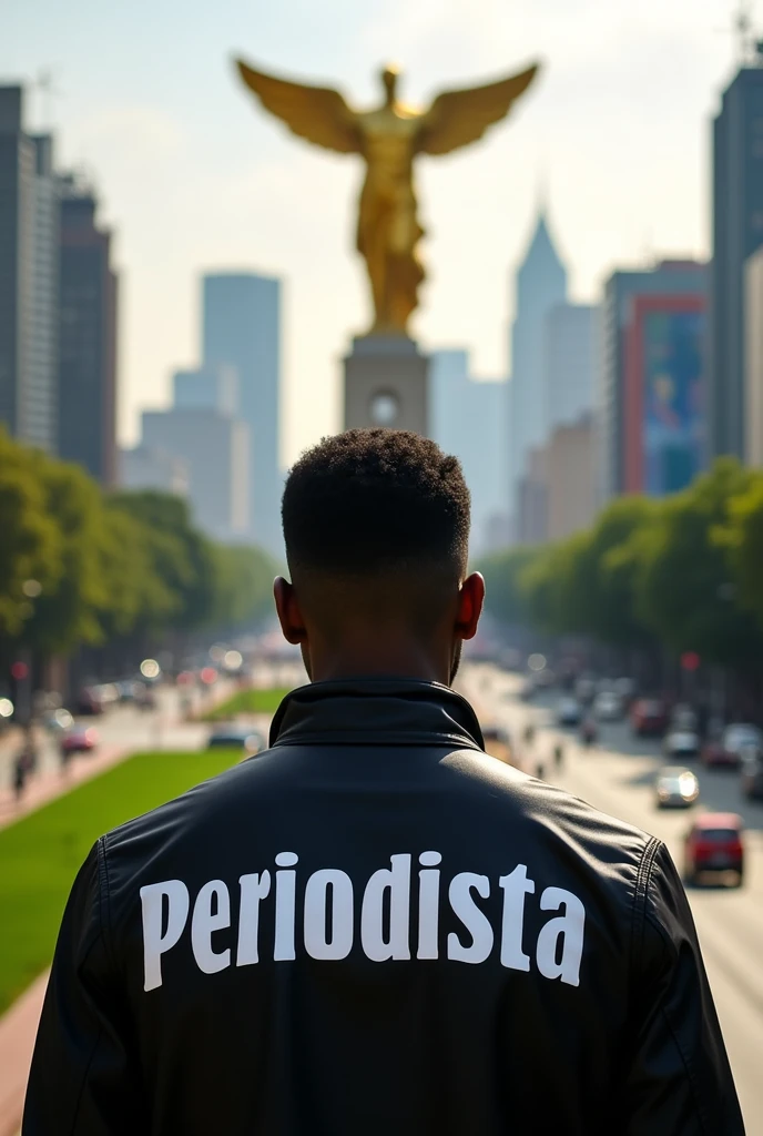 Dark-skinned man with short straight hair with his back to the angel of independence of Mexico wearing a black jacket with the word Journalist on the back in Spanish