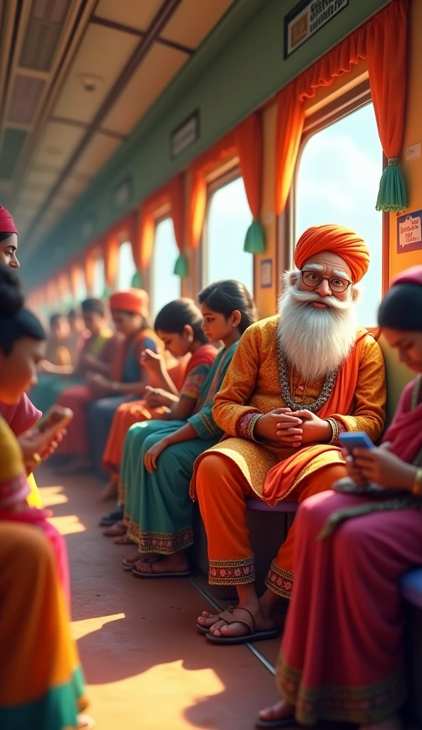 A baba is sitting in the train and there are lots of people near him, 3D animation cartoon style