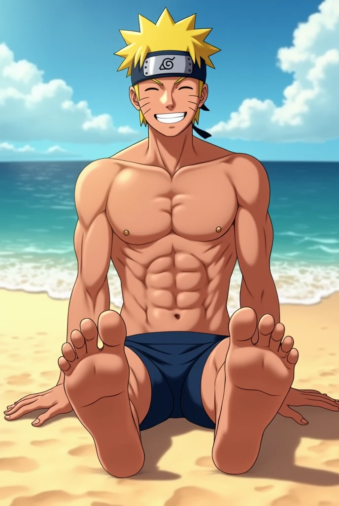 Imagen animada mostrando texturas realistas en HD de Naruto Uzumaki descalzo mostrando la planta de sus pies por abajo cerca de la cámara
Sentado en la playa sin camisa sonriendo
2 pies
5 dedos en cada pie
Mostrando pies perfectos
Mostrando la planta de sus pies 👣
Mostrando textura detallada en los pies
Mostrando detalles de iluminación en los pies
Mostrando líneas de textura realista en los pies
Mostrando cuerpo fit enfocado
Mostrando ropa interior