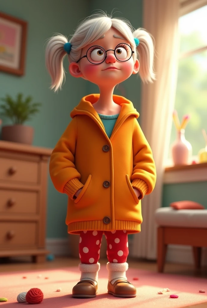 Animated cartoon character Grandma that is standing with sad face whole body with feet 2 pony tail hairstyle wearing only orange jacket without with top and red pants white sock brown shoes with eye glasses