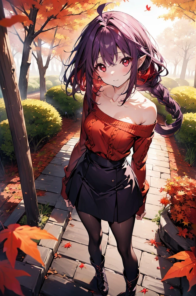 yuukikonno, Yuuki Konno, hair band, Long, thick braids, Pointed Ears, Purple Hair, Ahoge,(Red eyes:1.5), (Small breasts:1.2), smile,blush,Close your mouth,Purple one-shoulder sweater,mini skirt,Black tights,short boots,Walking,autumn leaves,autumn leaves,scattered,autumn leavesが積もっている,Autumn sky,whole bodyがイラストに入るように,
break looking at viewer, whole body,
break outdoors, garden,forest, nature,
break (masterpiece:1.2), Highest quality, High resolution, unity 8k wallpaper, (figure:0.8), (Beautiful attention to detail:1.6), Highly detailed face, Perfect lighting, Highly detailed CG, (Perfect hands, Perfect Anatomy),