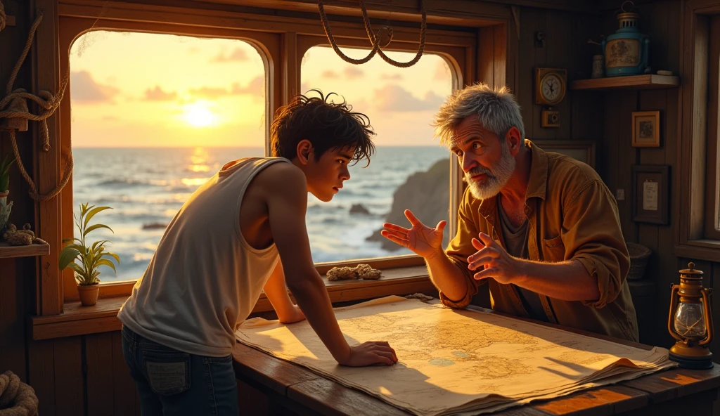 Kai is a lean, wiry teenager with tanned skin from long days spent under the sun. His hair is dark and unruly, lighthouse keeper huddled over a map, the keeper teaching him how to navigate the treacherous seas."**