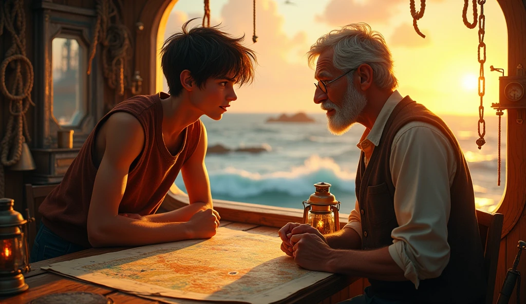 Kai is a lean, wiry teenager with tanned skin from long days spent under the sun. His hair is dark and unruly, lighthouse keeper huddled over a map, the keeper teaching him how to navigate the treacherous seas."**