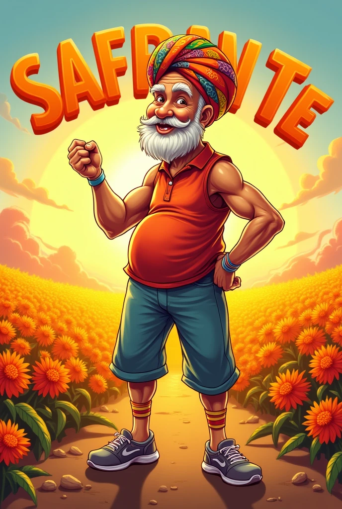A cartoon old man Fitness trainer wearing turban. In background (saffran te) written