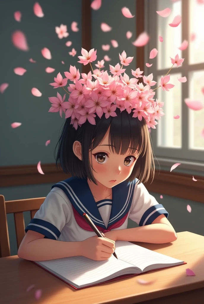 A large amount of cherry blossom petals come out of the head of a girl studying in a sailor uniform.、Scattered illustrations。Composition from above