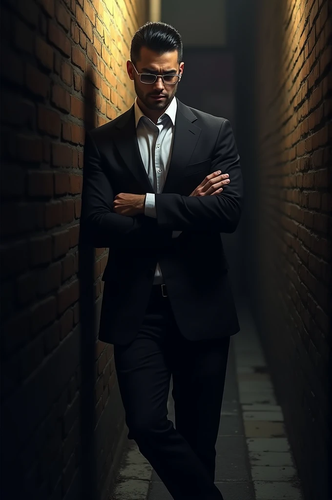 A male character with glasses, straight black hair, a mysterious rude man and semi-elegant clothes 