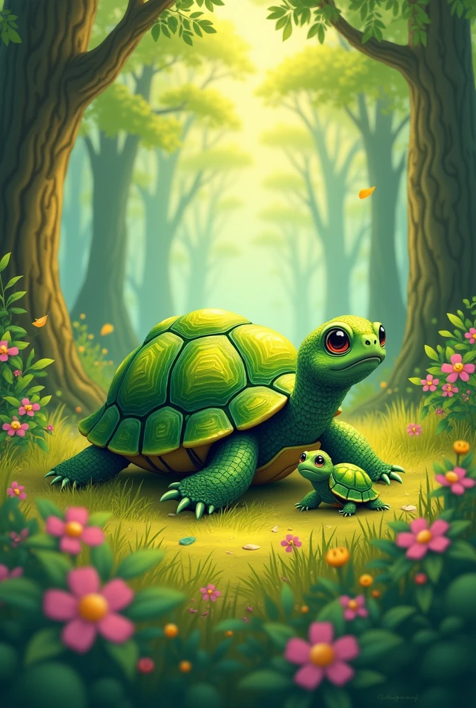 A little turtle with its turtle mama living in the forest for a children's book