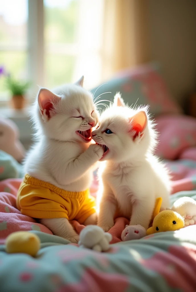 Two white kittens in yellow half pants one male and one female in bed laughing