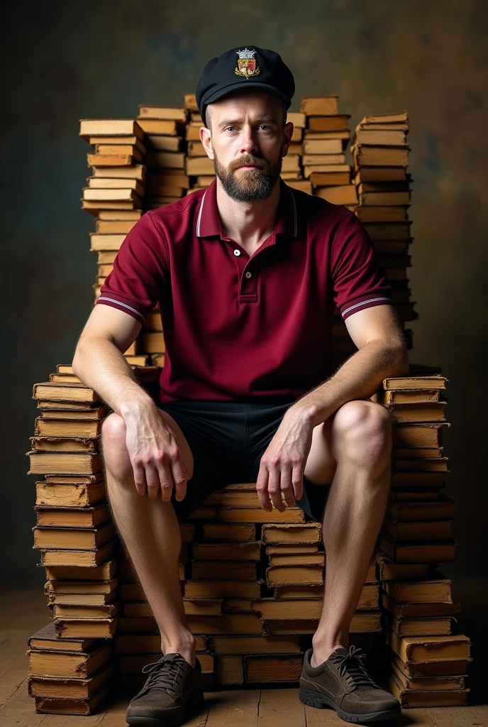 A white royal man sitting on a throne. The throne is made from old dictionaries. He is wearing maroon polo and black school shorts. The image would look like a painting from the 1600s. His crown is a school cricket hat.