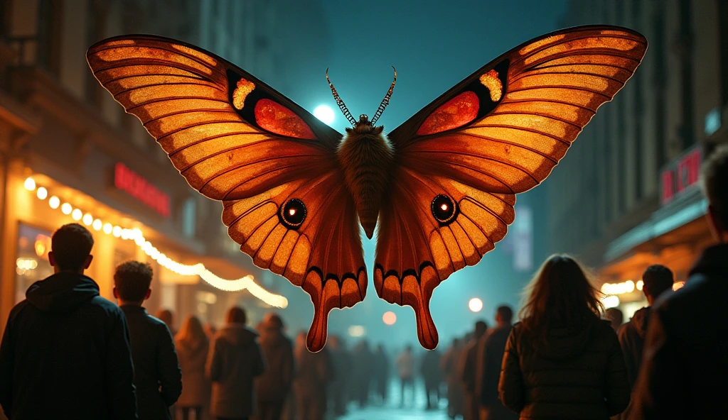 Titanic Moth on a City Streetlamp at Night
Hyperrealistic Detail: The moth’s furry body and dusty wings are illuminated by the streetlamp, its eyes glowing with an unnatural red hue.
Background & Reactions: Onlookers from a nearby bar spill onto the street, shocked and speechless, some clutching their drinks as they try to comprehend the surreal sight.