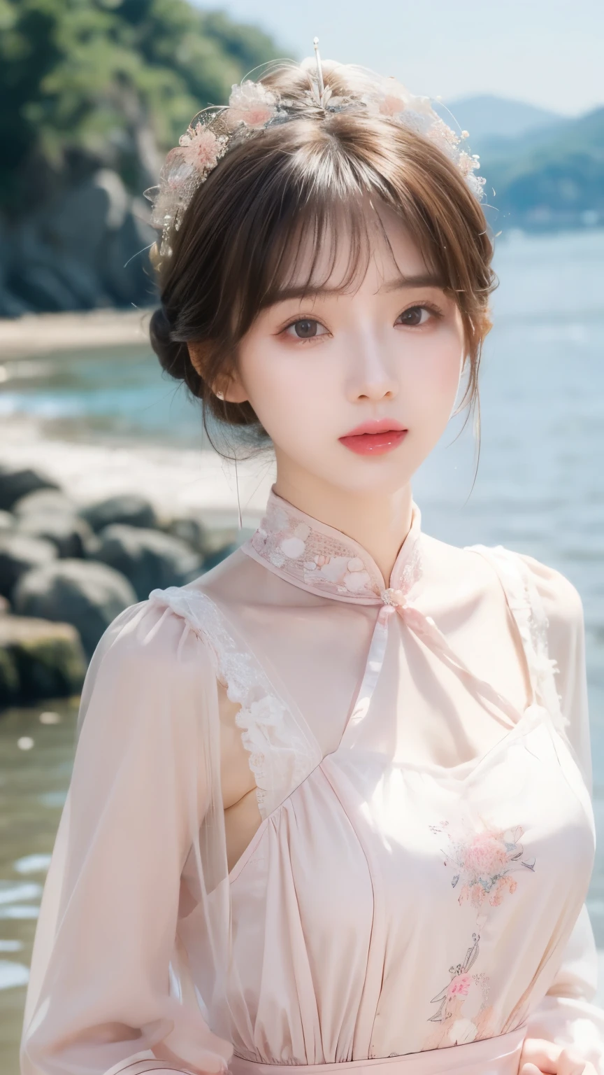 masterpiece, best quality, seaside, banquet, 1 female, Mature woman, elegant, China人, China, elder sister, Royal elder sister, Happy, Ball Head, Light brown hair, Pink Eyes, Gorgeous headdress, Light pink lips, Pink clothes, Yarn clothing, Intellectuals, Full bangs, Straight bangs, Flower Balls, Delicate face,Hair Bun