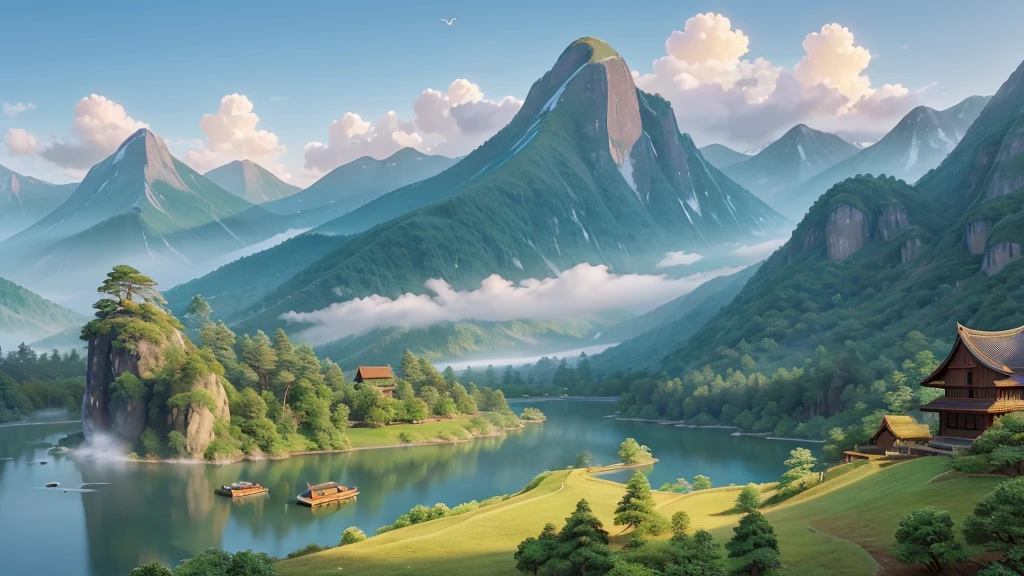 The image you just described is a traditional East Asian landscape painting. It has misty mountains with sharp peaks, some partially obscured by clouds or fog. A waterfall cascades down one of the mountains. In the foreground, there are two small boats in what appears to be calm waters. Birds are flying across the scene, suggesting dawn or dusk. The painting's use of soft colors and blurred lines give it a feeling of tranquility and elegance. Pretty