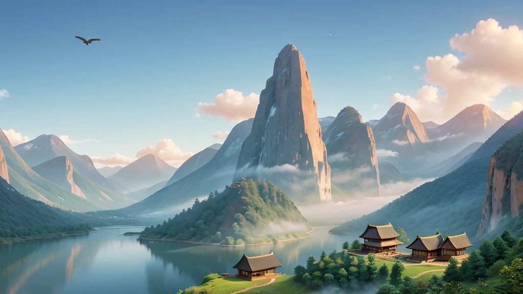 The image you just described is a traditional East Asian landscape painting. It has misty mountains with sharp peaks, some partially obscured by clouds or fog. A waterfall cascades down one of the mountains. In the foreground, there are two small boats in what appears to be calm waters. Birds are flying across the scene, suggesting dawn or dusk. The painting's use of soft colors and blurred lines give it a feeling of tranquility and elegance. Pretty