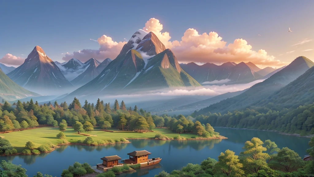 The image you just described is a traditional East Asian landscape painting. It has misty mountains with sharp peaks, some partially obscured by clouds or fog. A waterfall cascades down one of the mountains. In the foreground, there are two small boats in what appears to be calm waters. Birds are flying across the scene, suggesting dawn or dusk. The painting's use of soft colors and blurred lines give it a feeling of tranquility and elegance. Pretty
