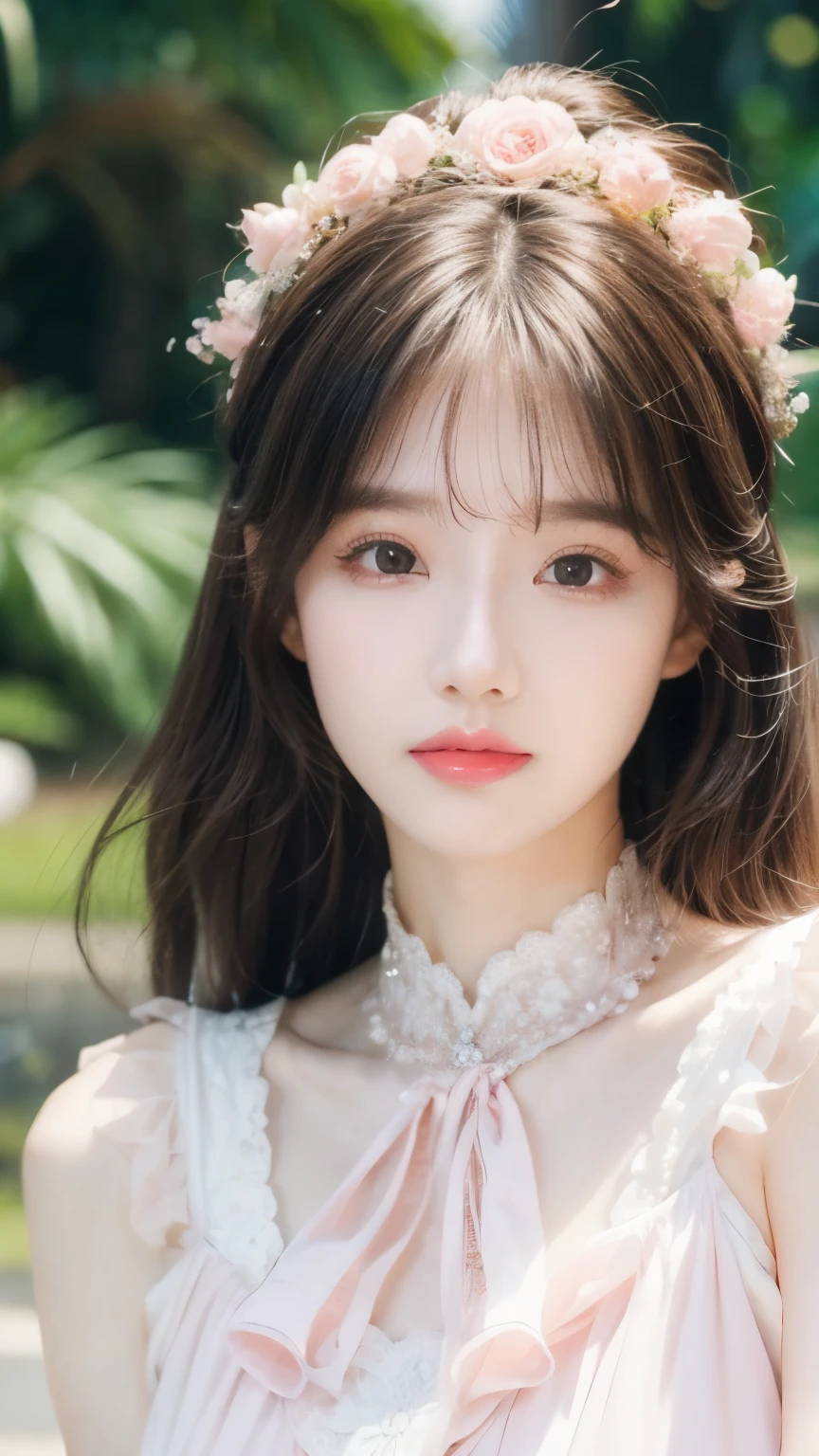 masterpiece, best quality, seaside, banquet, 1 female, Mature woman, elegant, China人, China, elder sister, Royal elder sister, Happy, Ball Head, Light brown hair, Pink Eyes, Gorgeous headdress, Light pink lips, Pink clothes, Yarn clothing, Intellectuals, Full bangs, Straight bangs, Flower Balls, Delicate face,Hair Bun