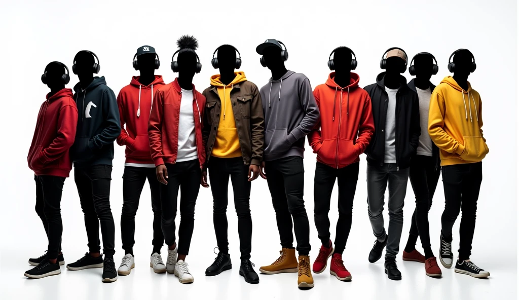 black figures of a group of people against a white background wearing hoodies, t-shirts, caps and long sleeve t-shirts, funky style, trendy, some are wearing headphones