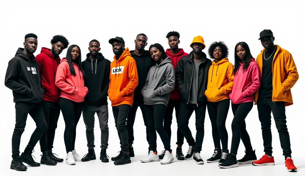 black figures of a group of people against a white background wearing hoodies, t-shirts, caps and long sleeve t-shirts, funky style, trendy, some are wearing headphones