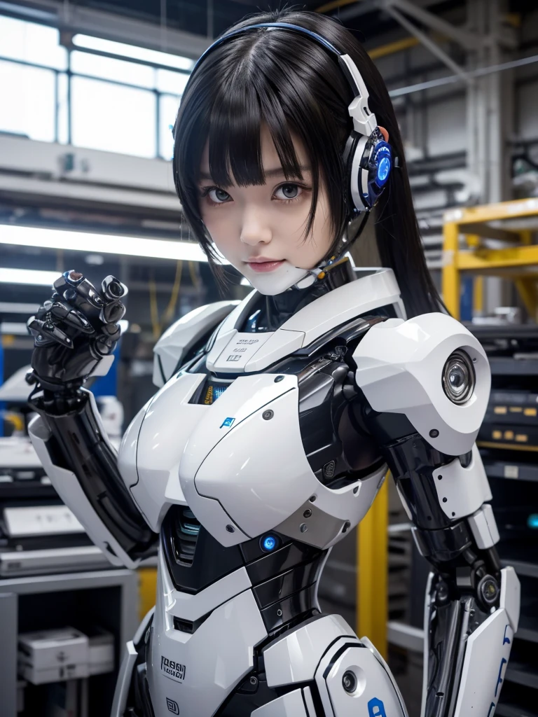 masterpiece, Highest quality, Very detailed, Japaese アンDroid girl,Portraiture,Plump,Thick,Control panel,アンDroid,Droid,Mechanical Hand, robotの腕と脚, Black Hair,Blunt bangs,perfect robot girl,Long tube,A thick cable was attached to her neck.,アンDroid,robot,humanoid,cyborg,japanese cyborg girl ,robot-assembly plant,She is now assembling,Assembly scene,Chubby,