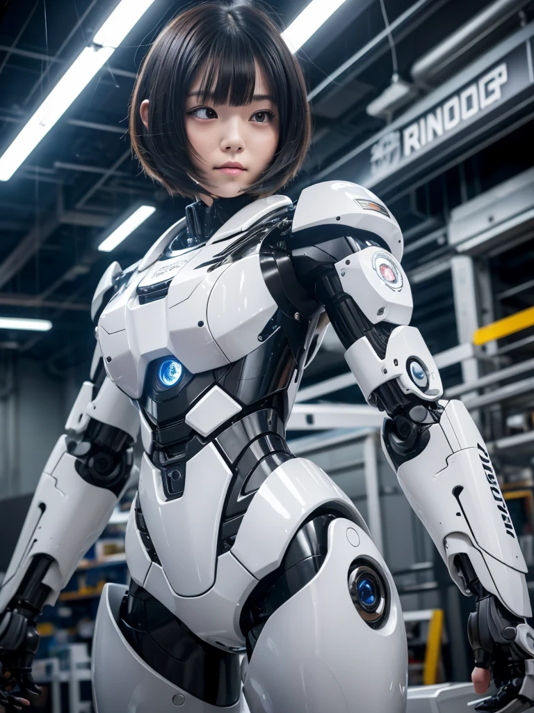 masterpiece, Highest quality, Very detailed, Japaese アンDroid girl,Portraiture,Plump,Thick,Control panel,アンDroid,Droid,Mechanical Hand, robotの腕と脚, Black Hair,Blunt bangs,perfect robot girl,Long tube,A thick cable was attached to her neck.,アンDroid,robot,humanoid,cyborg,japanese cyborg girl ,robot-assembly plant,She is now assembling,Assembly scene,Chubby,