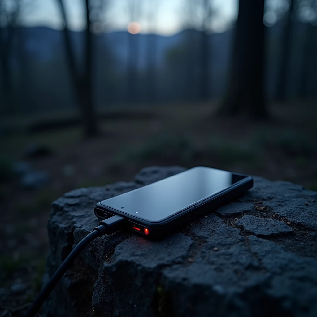 A sleek, modern power bank placed on a rock in the wilderness, with a smartphone plugged into it. The background features a serene but isolated forest scene at dusk, with a dim light filtering through the trees. The power bank’s LED indicators are glowing softly, signaling its readiness to provide emergency power. The scene is minimalist, with the focus on the power bank and the practical, life-saving role it plays in remote locations. Clear, clean composition, ultra detailed, 4K.