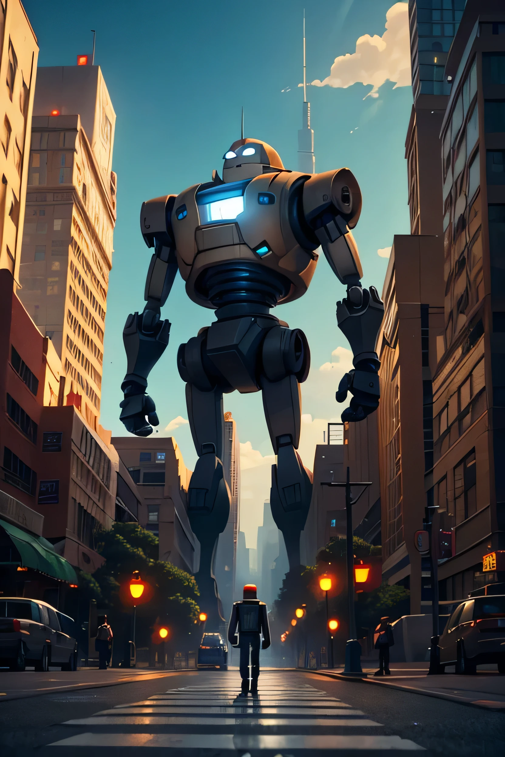 The robot from the movie The Iron Giant walks along a pedestrian path with a boy, they are the same height, there are signs nearby, there is a traffic light in the background, 4k, wide angle