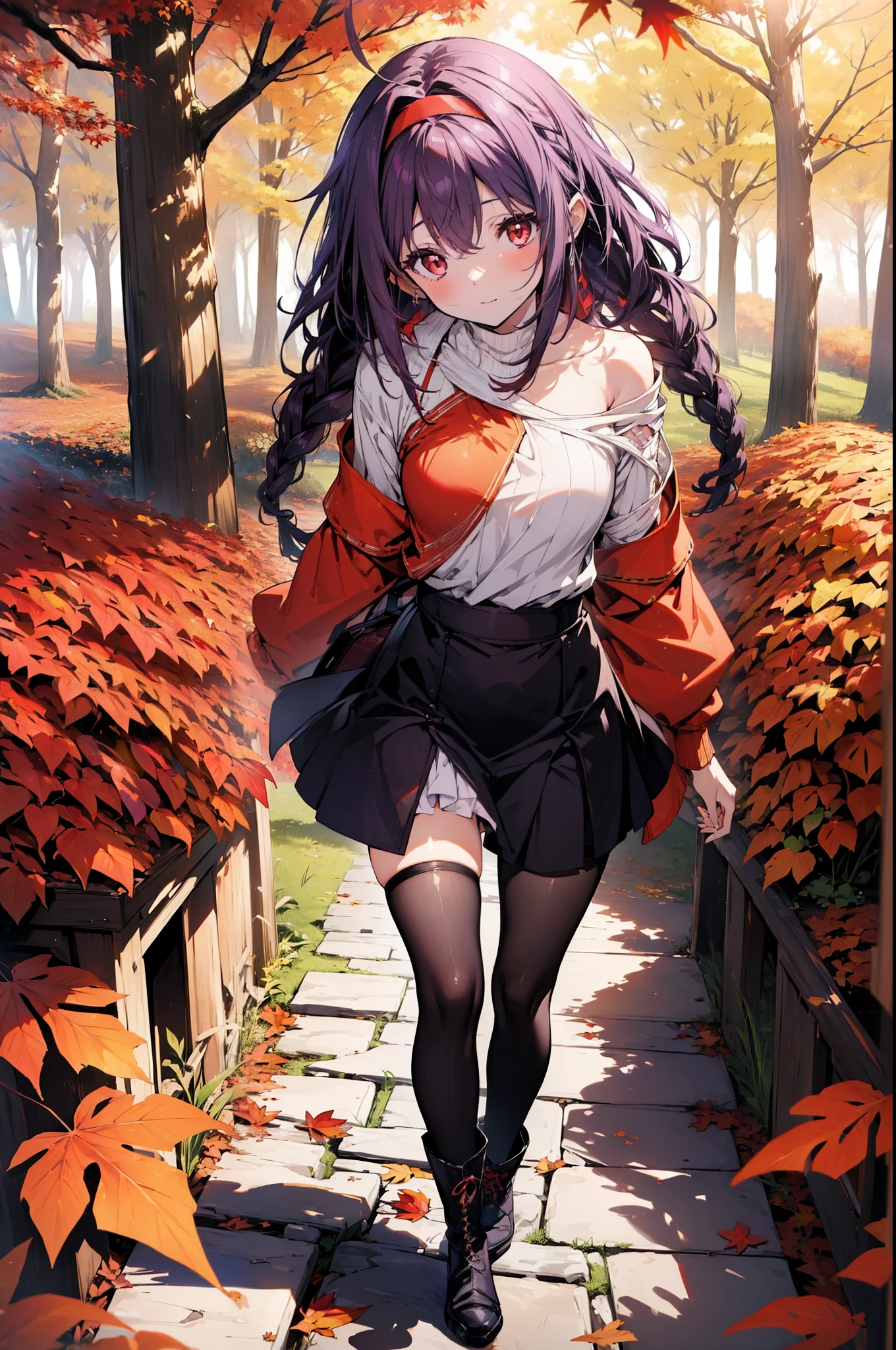 yuukikonno, Yuuki Konno, hair band, Long, thick braids, Pointed Ears, Purple Hair, Ahoge,(Red eyes:1.5), (Small breasts:1.2), smile,blush,Close your mouth,Purple one-shoulder sweater,mini skirt,Black tights,short boots,Walking,autumn leaves,autumn leaves,scattered,autumn leavesが積もっている,Autumn sky,whole bodyがイラストに入るように,
break looking at viewer, whole body,
break outdoors, garden,forest, nature,
break (masterpiece:1.2), Highest quality, High resolution, unity 8k wallpaper, (figure:0.8), (Beautiful attention to detail:1.6), Highly detailed face, Perfect lighting, Highly detailed CG, (Perfect hands, Perfect Anatomy),