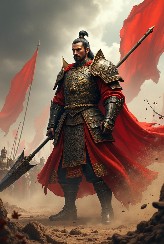 There is a man wearing a Chinese costume and holding a halberd, a character from the Three Kingdoms., ancient soldier, Wearing Chinese iron armor, , Chinese warrior character design,Use a halberd weapon, lu bu