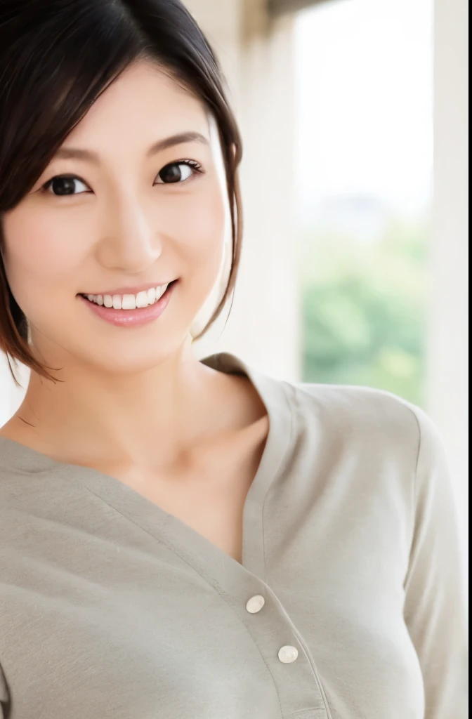 Portrait, 8k, high quality, realistic photo images, 29-year-old, japanese woman, neat wife, housewife, Reproduces natural and realistic eyes, japanese stand, beautiful black hair, short hair, light makeup, octane rendering, beautiful lighting, composition of golden ratio, laughter, everyday wear, casual clothes, natural background, blurred background, High level image quality, Pure Japanese humanity, beautiful wife, Upper body, light makeup, No makeup, pure beauty, plain clothes, grey, beige, green, Plain color, casual clothes, slight smile, small black eyes, background bokeh