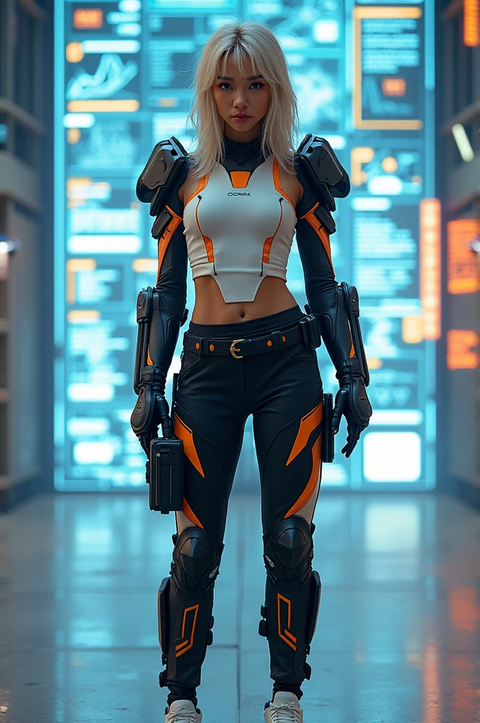 mecha with hologram display
Harap tag# nama orang/grupnya kalau mau copy-paste/remake/share digrup sendiri atau grup lain, sebagai bentuk menghargai ide atau jerih payah si pembuat prompt. (saling menghargai kalau mau dihargai juga)
Please tag# the name of the person/group if you want to copy-paste/remake/share in your own group or another group, as a form of appreciation for idea or the hard work of the prompt creator. (respect each other if you want to be respected too)
prompt : Amidst a holographic scene include display with information about person. the thai-canadian cosplay woman with Blonde hair cascades just past shoulder length. pointed mecha headset. wearing mecha a white top with black and orange accents with Black pants feature white and orange detailing. huge-giant high-Mecha devices are attached to her arms. White sneakers.Various straps and pouches adorn the outfit.