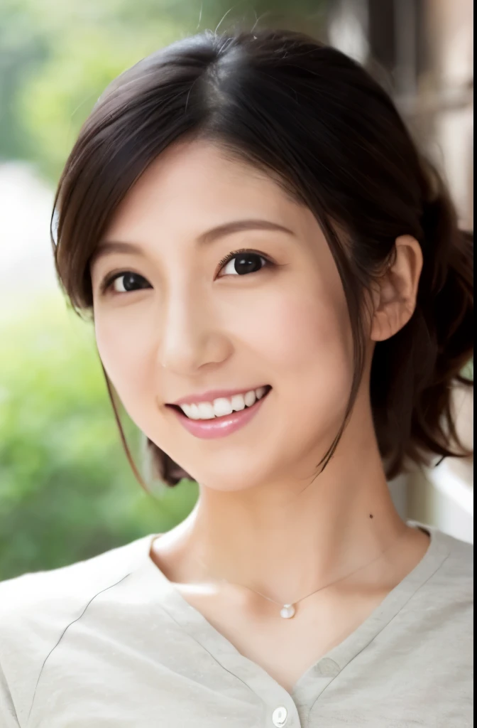 Portrait, 8k, high quality, realistic photo images, 29-year-old, japanese woman, neat wife, housewife, Reproduces natural and realistic eyes, japanese stand, beautiful black hair, short hair, light makeup, octane rendering, beautiful lighting, composition of golden ratio, laughter, everyday wear, casual clothes, natural background, blurred background, High level image quality, Pure Japanese humanity, beautiful wife, Upper body, light makeup, No makeup, pure beauty, plain clothes, grey, beige, green, Plain color, casual clothes, slight smile, small black eyes, background bokeh