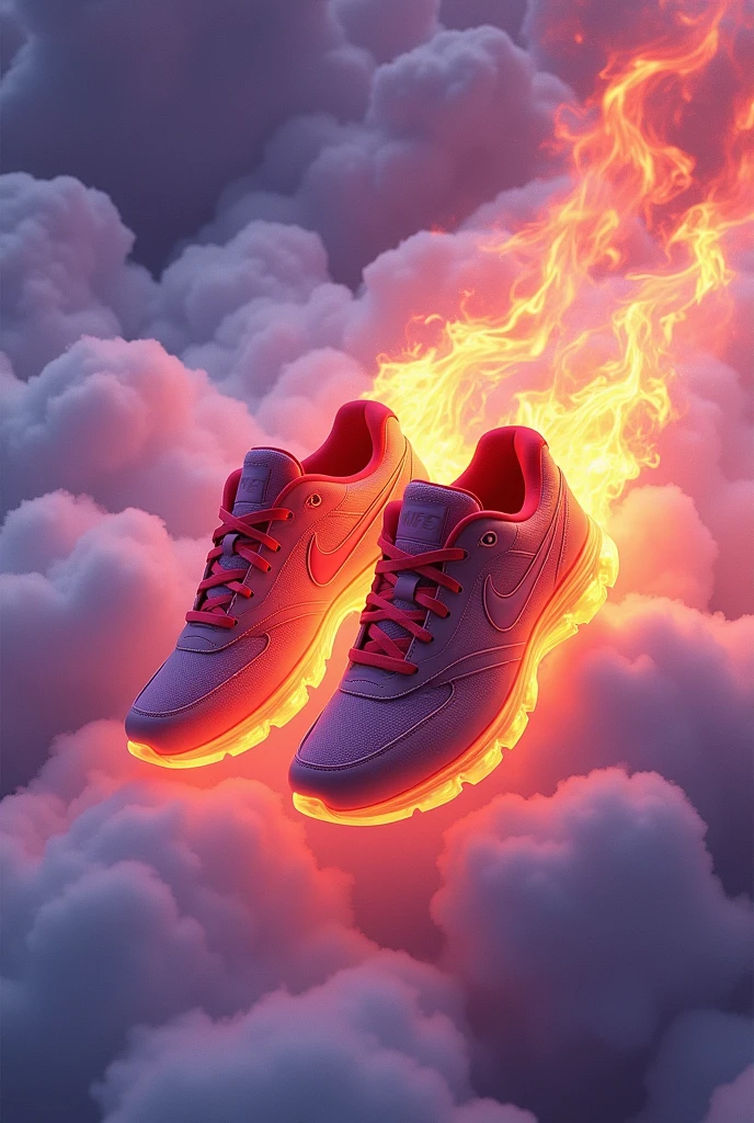 Nike shoes on fire, in clouds in purple sky