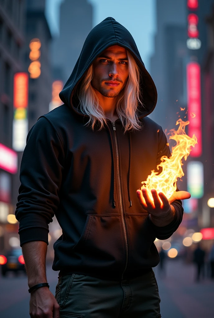 A superhero looks like Targaryen. He wear black clothes: cargo pants, hoodie with large hood on his head and gloves without fingers. He has white really long hair and he's young and handsome. He has no beard, no facial hair. With clean face. No wrikless. The hood cover his face in half but he has flirty smile on his face. He has violet eyes. In his hand he's playing with fire between his fingers.