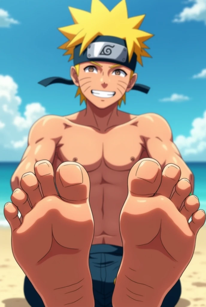 Imagen animada mostrando texturas realistas en HD de Naruto Uzumaki descalzo mostrando la planta de sus pies por abajo cerca de la cámara
Sentado en la playa sin camisa sonriendo
2 pies
5 dedos en cada pie
Mostrando pies perfectos
Mostrando la planta de sus pies 👣
Mostrando textura detallada en los pies
Mostrando detalles de iluminación en los pies
Mostrando líneas de textura realista en los pies
Mostrando cuerpo fit enfocado
Mostrando ropa interior ajustada