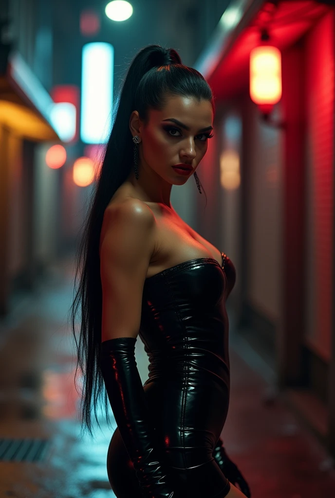 Black Latex dress withou straps Georgina rodriguez long black ponytail hairstyle red lipstick giant boobs high heels long gloves sadistic smile