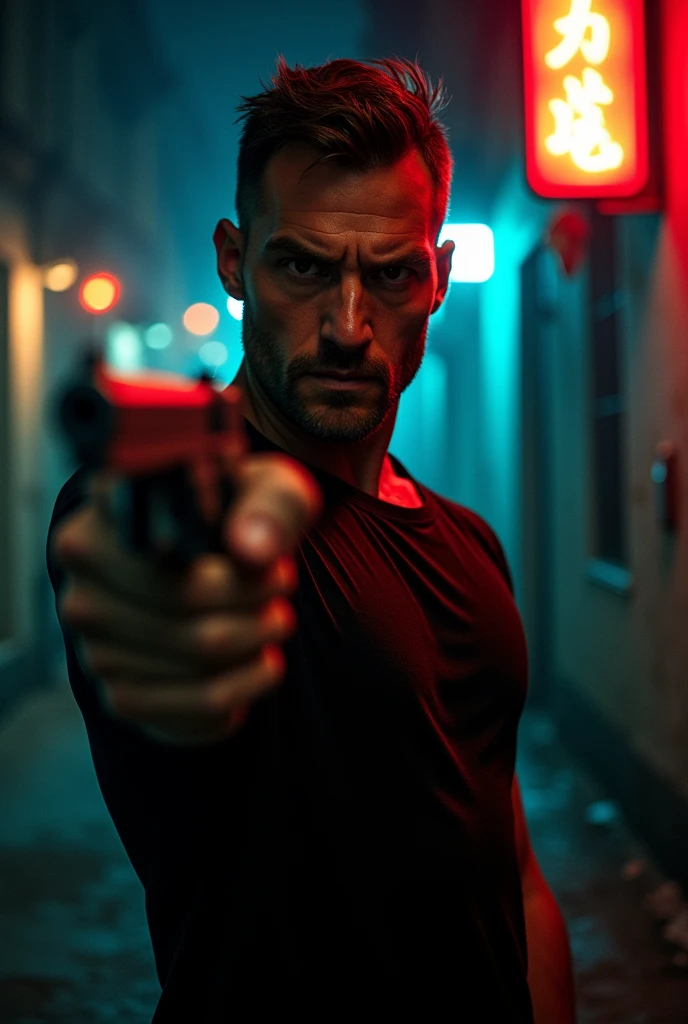 Man pointing a gun at the screen chinematic look
