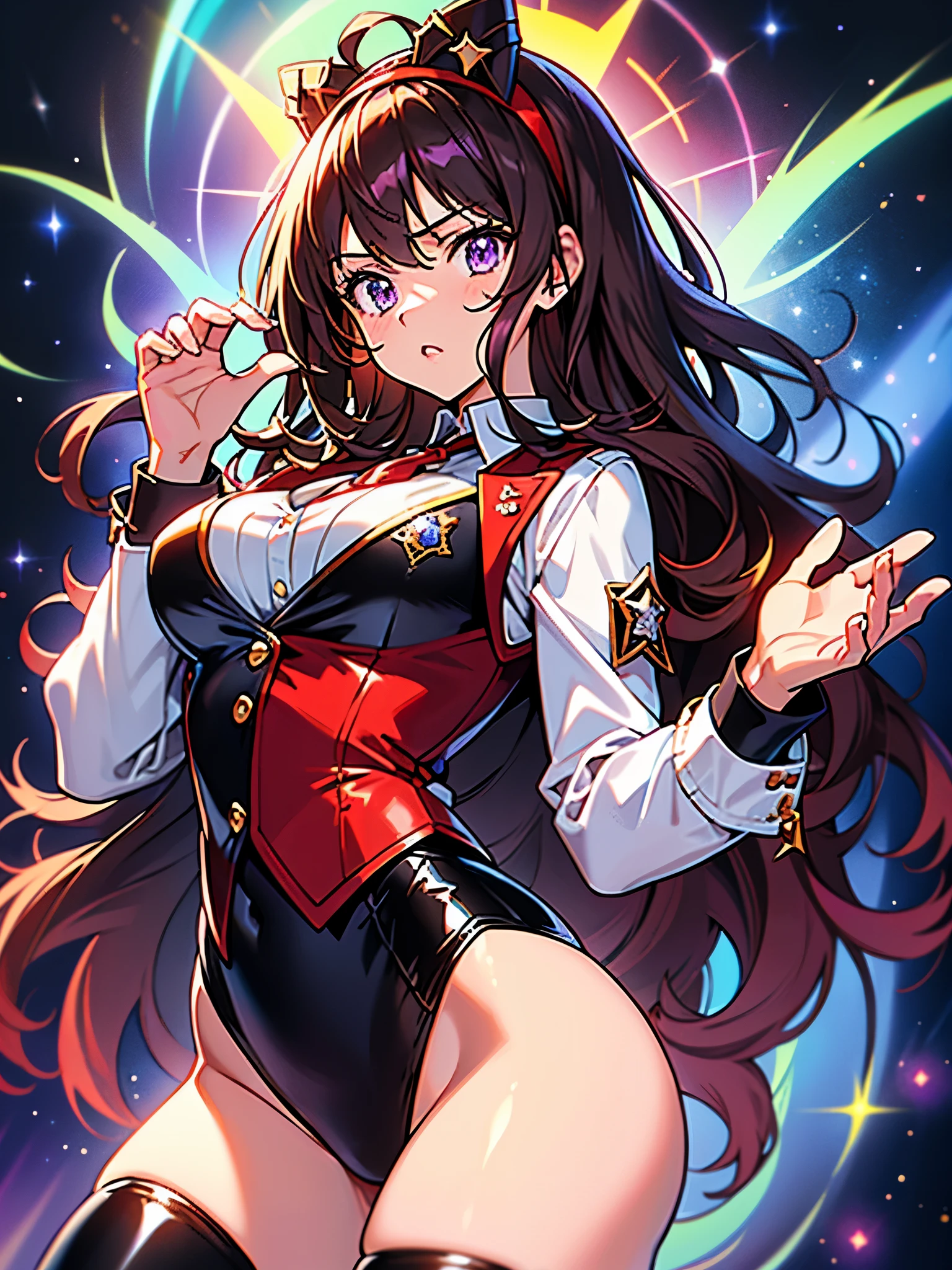 Woman with brown eyes, age 21, finger proportions coordination, (medium hair, dark brown hair, wavy hair, red hairband), ahoge, ((white blouse with black stars, vest, suit jacket, red opened jacket, jacket with stars)), (black highleg leotard, bare legs, black thigh highs, high-heel shoes), purple stellar energy around, cosmic power, cosmic shining power. (purple eyes), beautiful detailed eyes, beautiful detailed face, cute face, perfect hands, complete fingers, perfect anatomy, perfect proportions. (casting a spell). full body costume design, full body, cowboy shot.