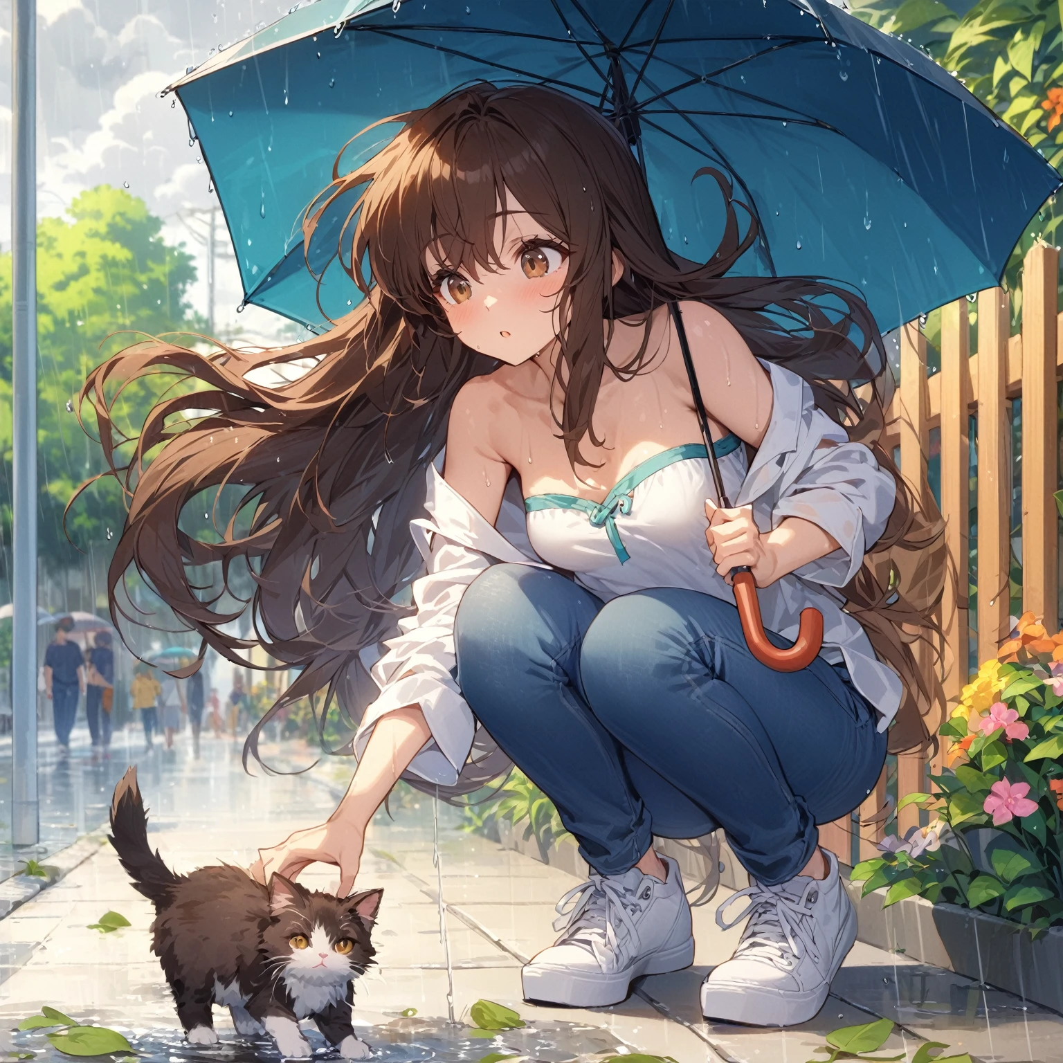 Best quality, masterpiece, crouching down to cover kitten with umbrella, very long hair, brown hair, swept bangs, brown eyes, strapless white shirt with teal trim, jeans, sneakers, small breasts, toned arms, tropical plants, neighborhood, flowers, fence, trees, puddles, dark thunderhead clouds, rain, windy, hair blowing in wind, sidewalk, crowded city street,