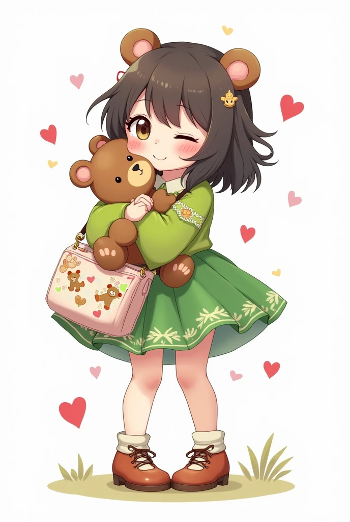 She has cute sleeves, one eye is covered by her hair, she has a bandage on her face, she has a bear and a heart pin, her outfit is green and she is holding a teddy bear with frills, she is holding a bag with a bear pattern, she has large breasts, the background is white