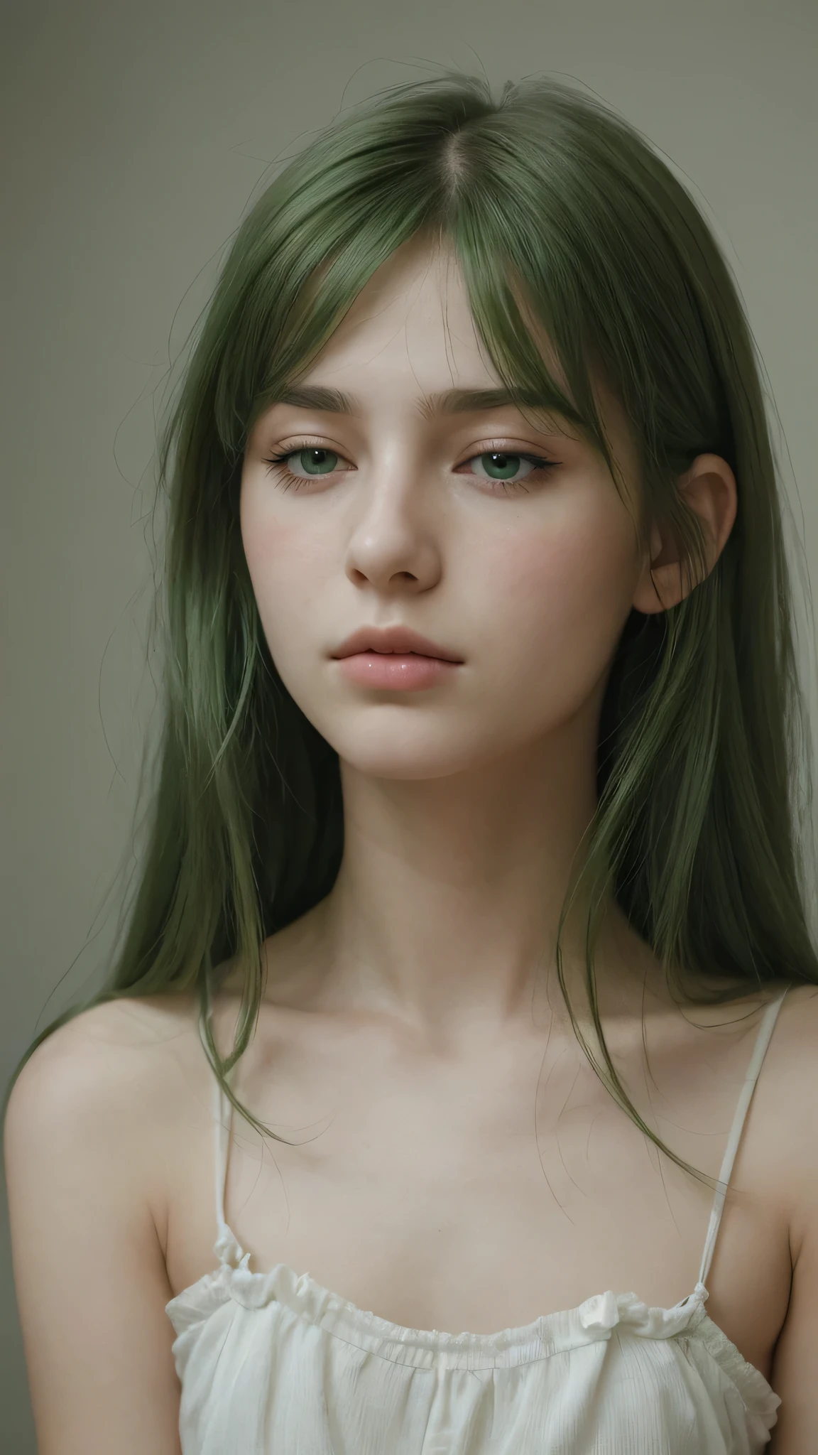 facial portrait. a girl. Europe. half-closed eyes. green eyes. oval face. delicate facial features. long face. long straight hairstyle. messy hair. green hair. sad expression. looking directly
