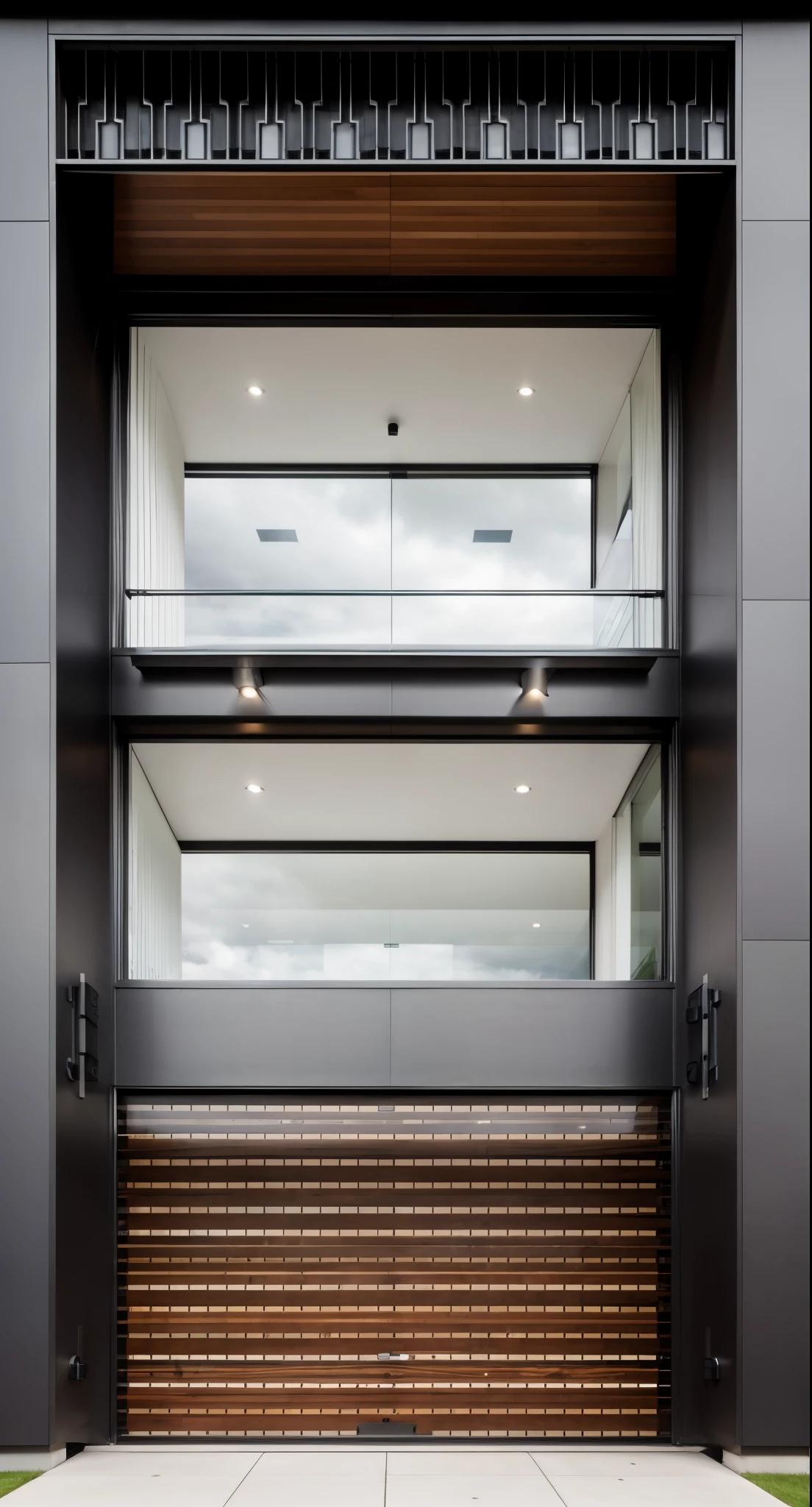 house exterior contemporary style, modernism, glass doors and windows,black metal rail, conwood ceilling, masterpiece, highquality, realistic photo, canon eos 5D mark, natural light, 