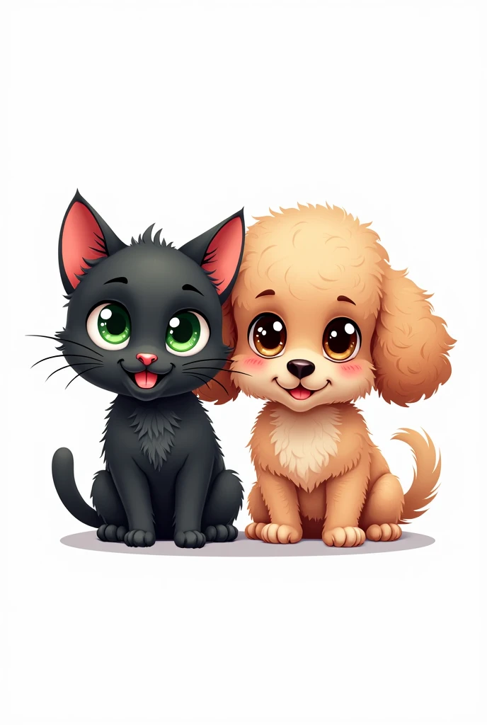 Tattoo design for a small black cat and a medium poodle dog. only faces. White background. not so realistic.