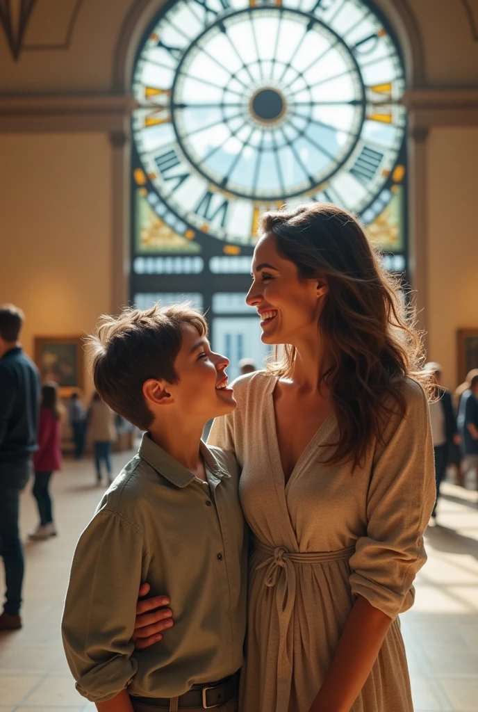 Femme caucasienne qui a en âge entre 30 et 40 ans. Belle, souriante, habillé de manière modeste et simple. Qu'elle soit arrêté dans l'intérieur du Musée d'Orsay compagnie d'un jeune garçon adolescent souriant et de même peau que cette femme. Et qu'il y ait d'autres personnes eux aussi en visite dans le Musée d'Orsay