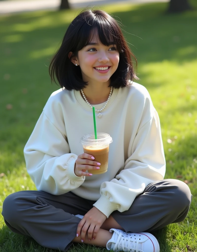 (RAW photo, best quality, masterpiece: 1.2), (photorealistic: 2), (Polish girl, 20 years old, black hair, Light grey eyes, short bob cut, hair in 7 thirds, hair over one ear, Symmetrical eyes, solo, Detailed Skin:1.1), White oversized sweatshirt, dark grey pants, white Nike Jordans, small pearl necklace, sitting Indian style on the grass, drinking cafe latte from a clear cup with a green straw, looking up, sunny, gel nails, smiling